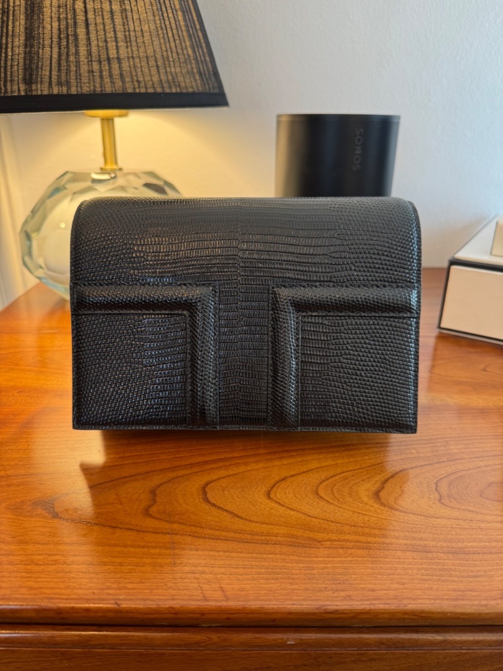 TOTEME Mini T-Flap tote bag in black lizard embossed leather
